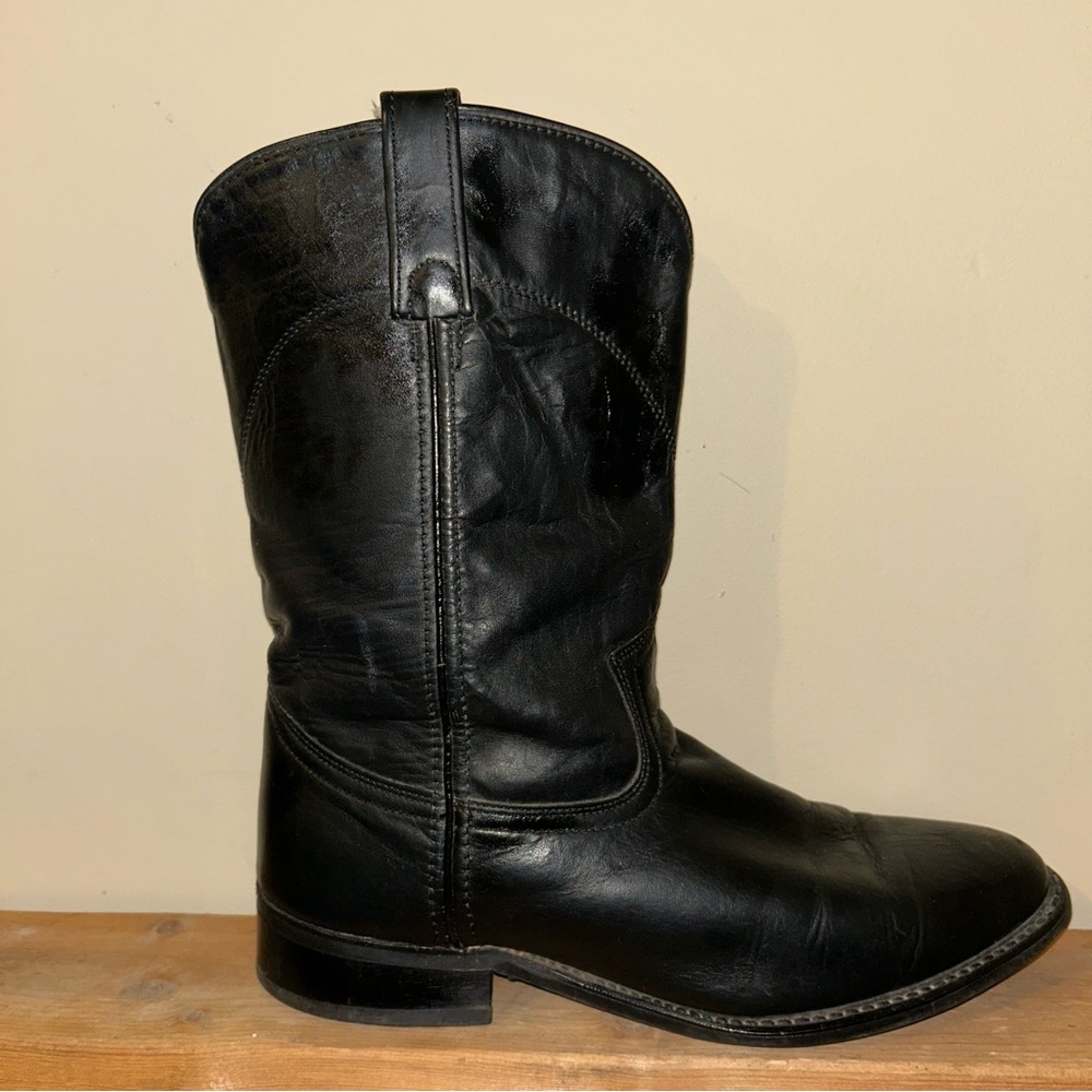 Black Leather Roper Cowboy Boots Mid-calf Rounded Toe
